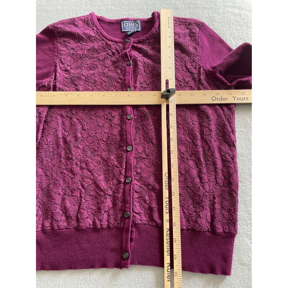 Chaps Classics Petite Purple Floral Lace Front Cardigan Sweater PS Cotton Plum - Picture 3 of 7